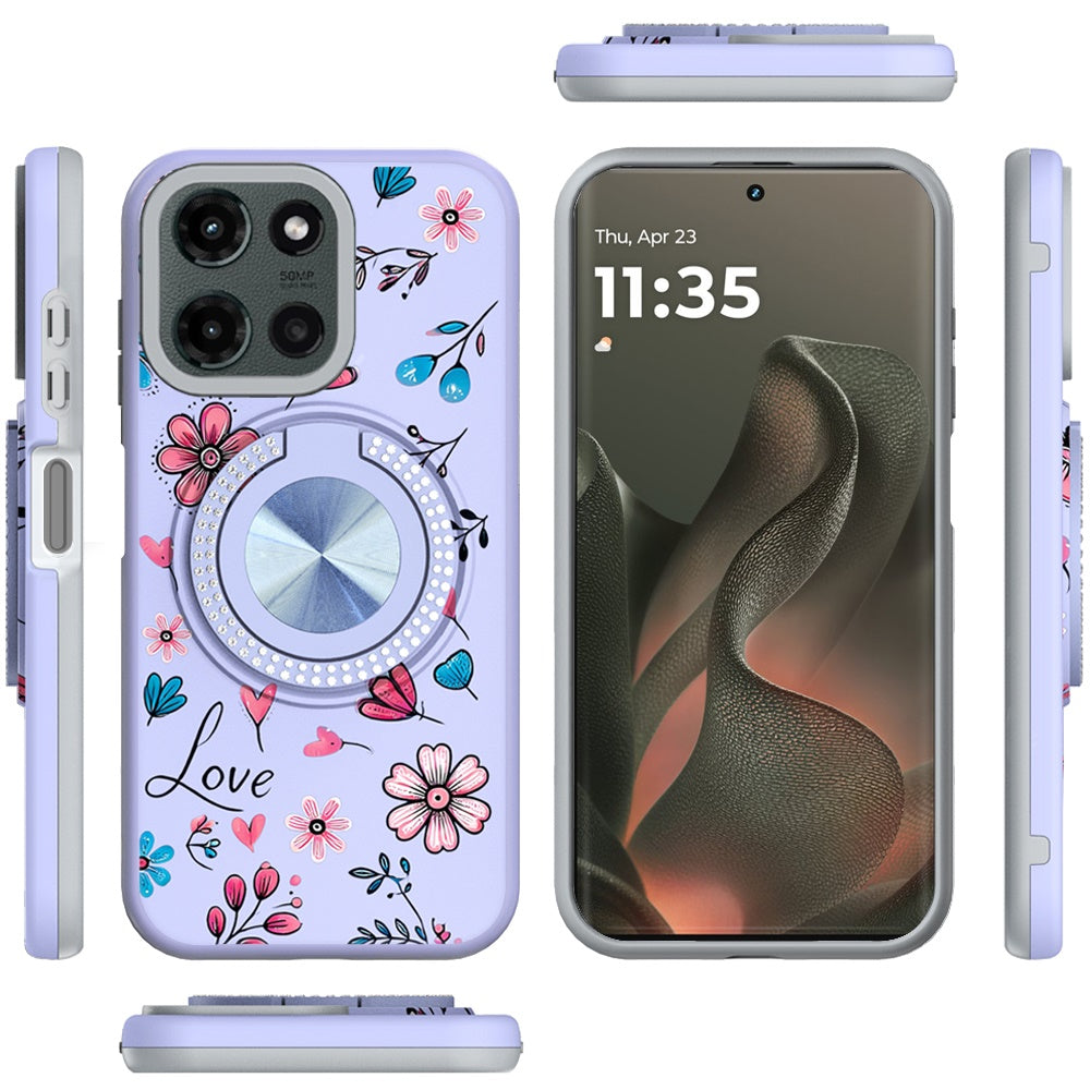 For Motorola Moto G 5G 2025 Pattern Design Hybrid with Invisible Ring Stand & Magnetic Back, Shockproof Protective Grip Case Cover