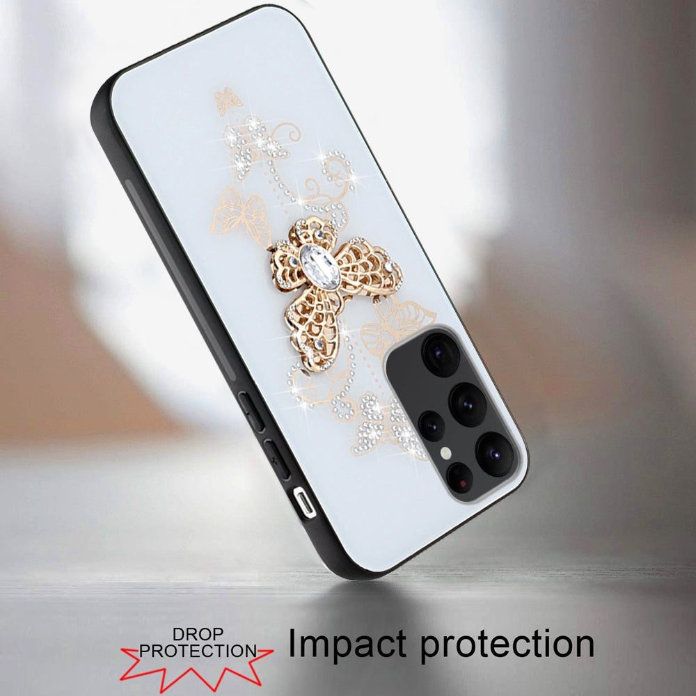 For Samsung Galaxy Z Fold 7 Diamonds 3D Butterfly Bling Sparkly Glitter Ornaments Engraving Hybrid Metal Fashion Case Cover White Garden Butterflies