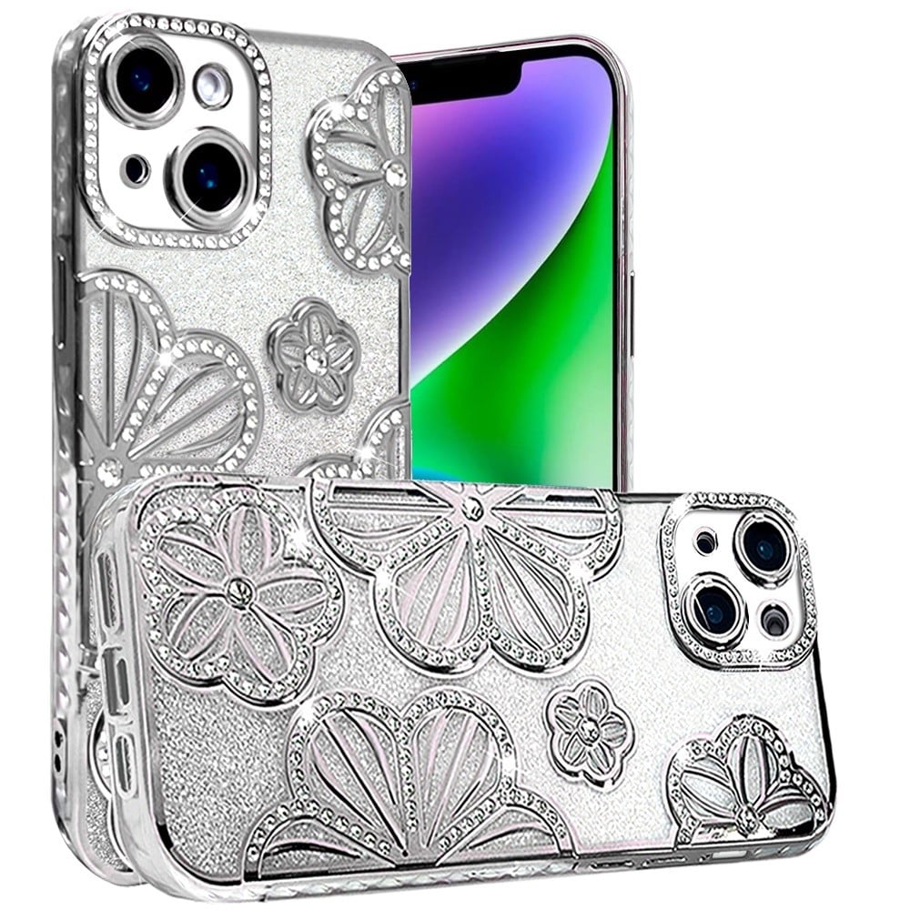 For iPhone 14/13 (6.1") Luxury Flower Design Sparkle Glitter Diamond Rhinestone Shimmer Bling Plating Thick TPU Hard PC Case Cover