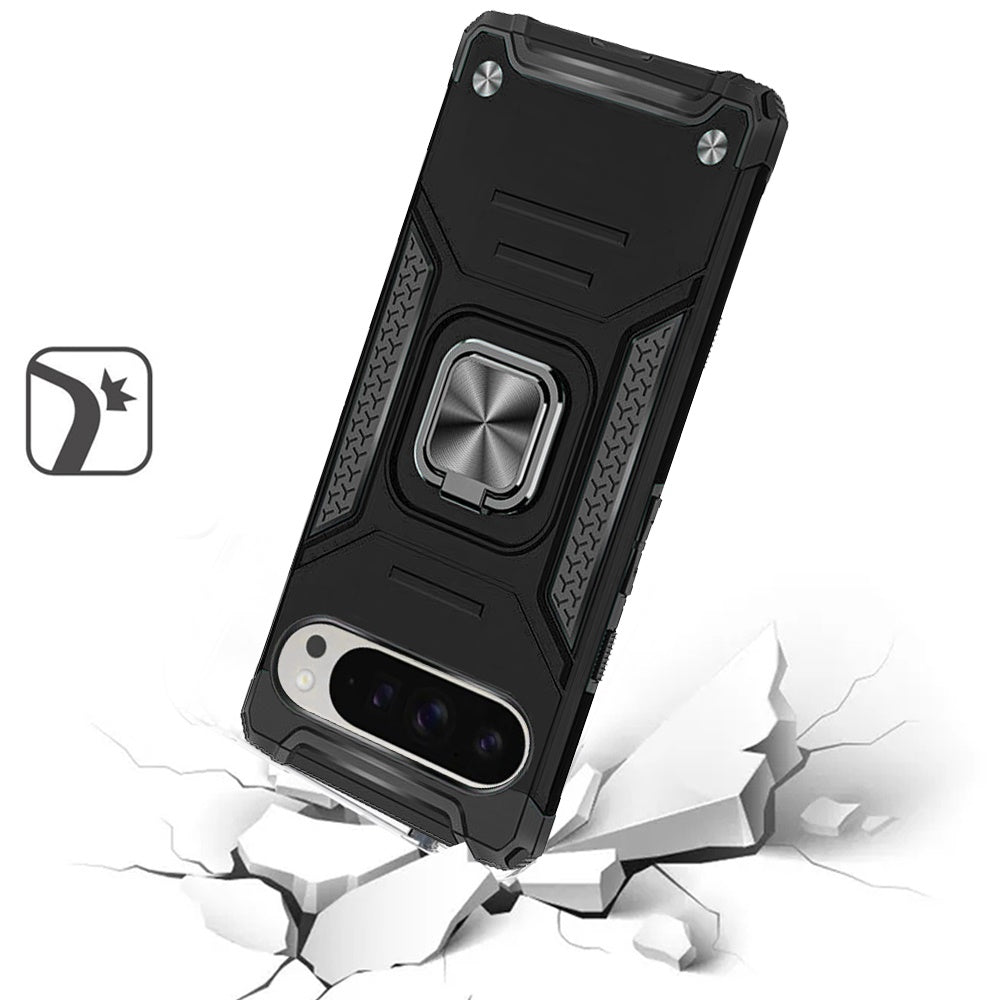 For Google Pixel 9 Pro XL Armor Hybrid Magnetic Stand with Ring Holder Kickstand Shockproof Heavy-Duty Durable Rugged TPU Dual Layer Case Cover Black
