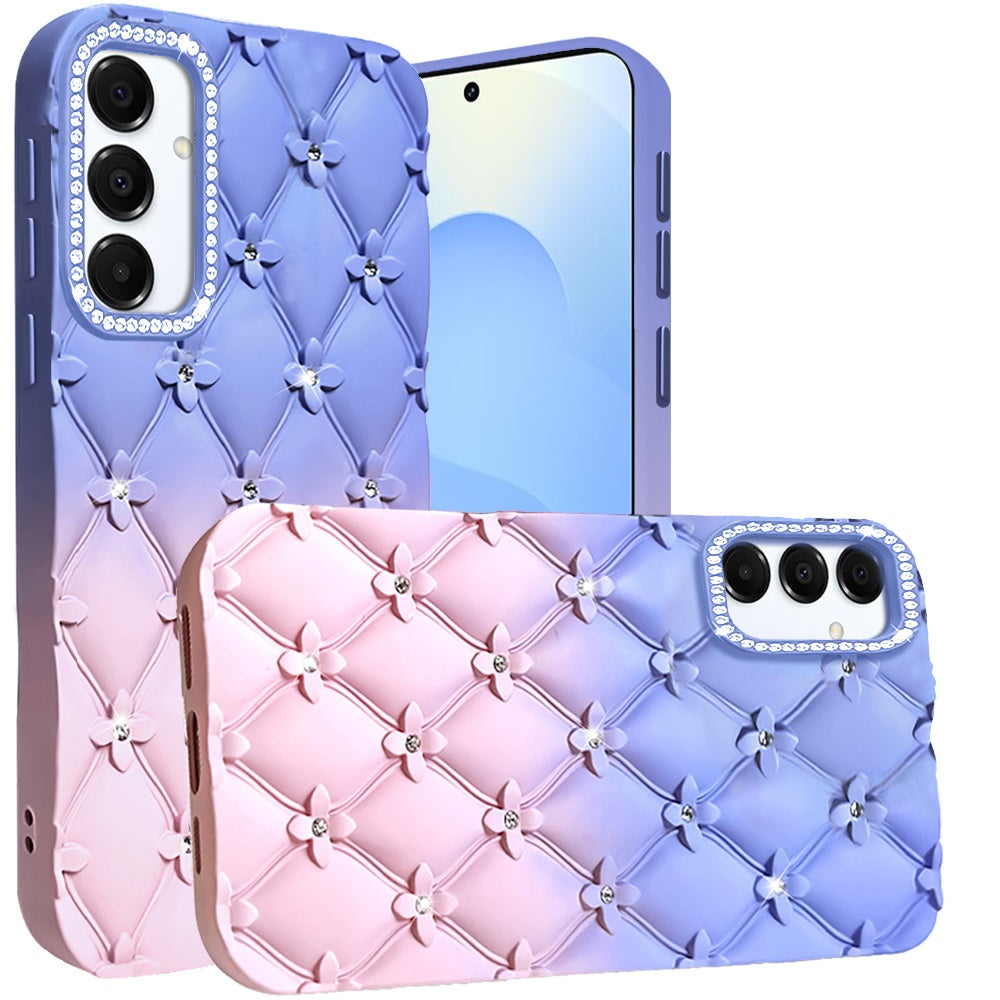 For Samsung Galaxy S25 /S24 Fashion Flower Design Sparkle Glitter Shimmer Rhinestone Bling Floral Accents, Leather Texture TPU Case Cover