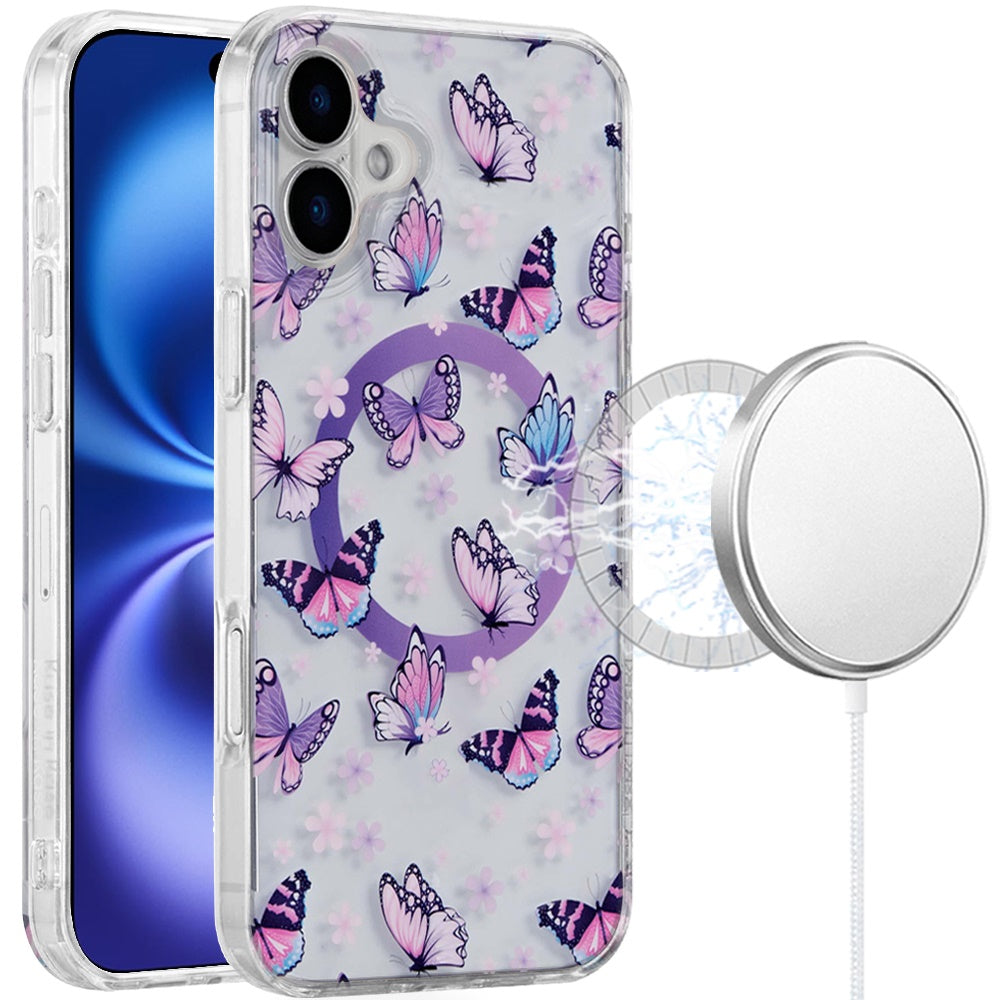 For Apple iPhone 17 Stylish Pattern Fashion IMD Printed Design TPU Double Layer Slim Shockproof with Magnetic Back Case Cover Purple Butterflies