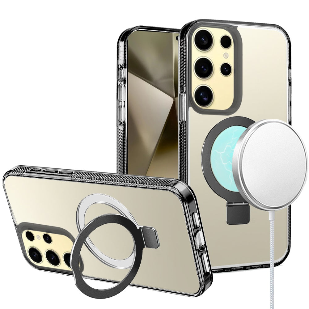 For Samsung Galaxy A17 5G Transparent Magnetic Ring Circle Stand with MagSafe Compatible Hybrid Dotted Edged Hard PC Shockproof Case Cover Black