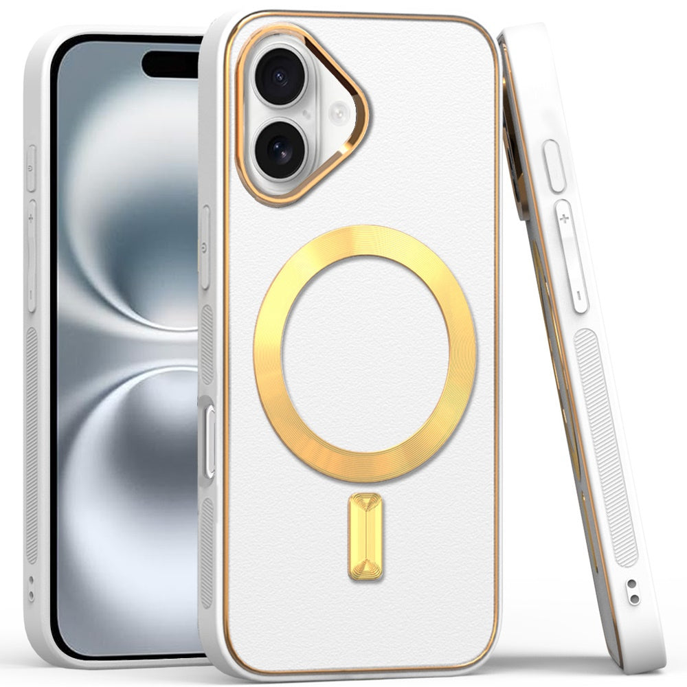 For Apple iPhone 16 Pro Max (6.9") PU Leather Magnetic Case Slim Protective Cover with MagSafe Compatibility Hard PC Gold Frame Protection Case Cover