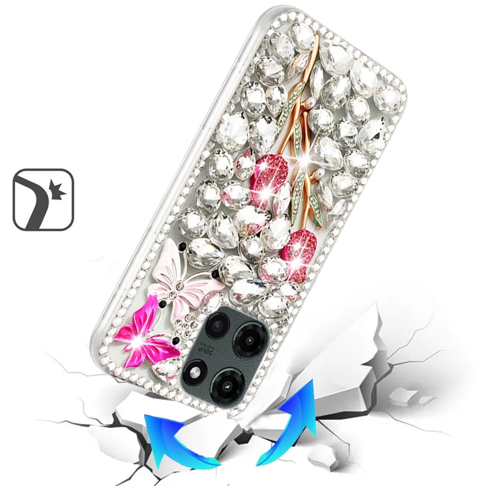 For Motorola Moto G Stylus 5G 2026 /2025 Bling Crystal 3D Full Diamonds Luxury Sparkle Rhinestone Hybrid Protective Case Cover Silver Panda Floral