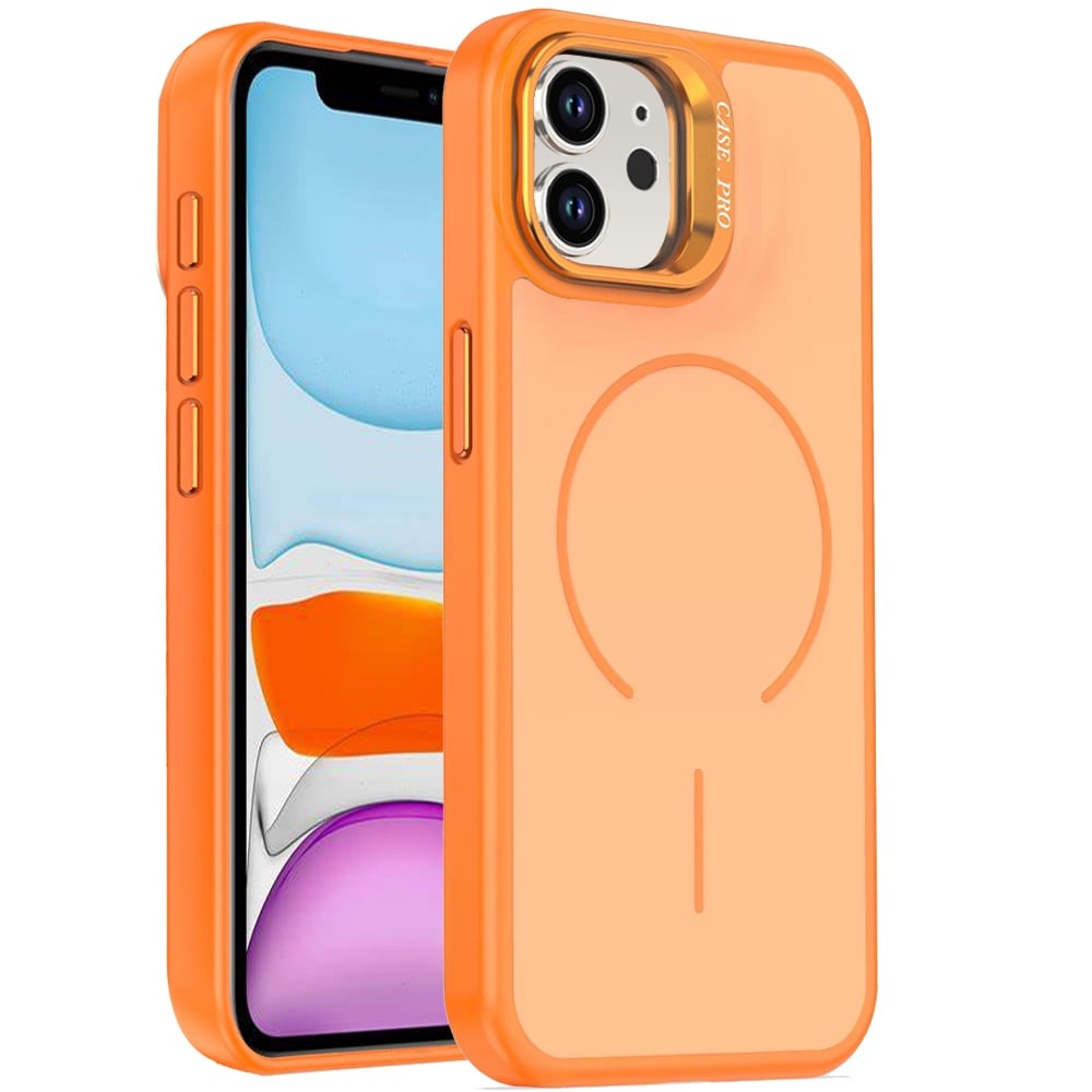 For iPhone 15 Plus (6.7") Magnetic Matte Metal Camera Stand Hybrid Drop Protection Durable Shockproof Slim Fit Design Case Cover Cosmic Orange