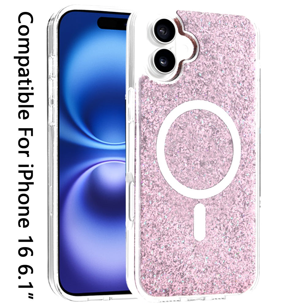 For Apple iPhone 16 (6.1") Magnetic MagSafe Wireless Compatible Epoxy Glitter Shiny Sparkle Bling Hybrid Slim PC + TPU Frame Case Cover