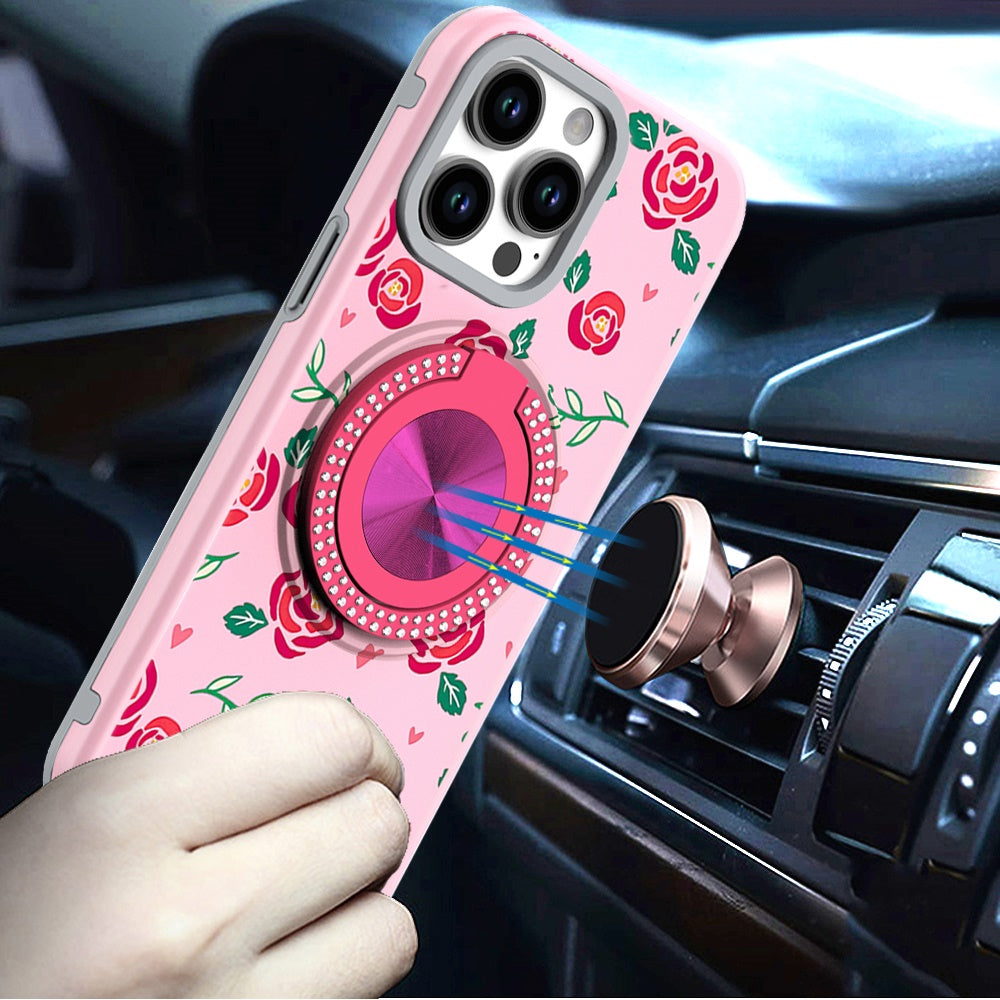 For Apple iPhone 16e Pattern Design Hybrid with Invisible Ring Stand & Magnetic Back, Shockproof Protective Grip Case Cover Red Roses