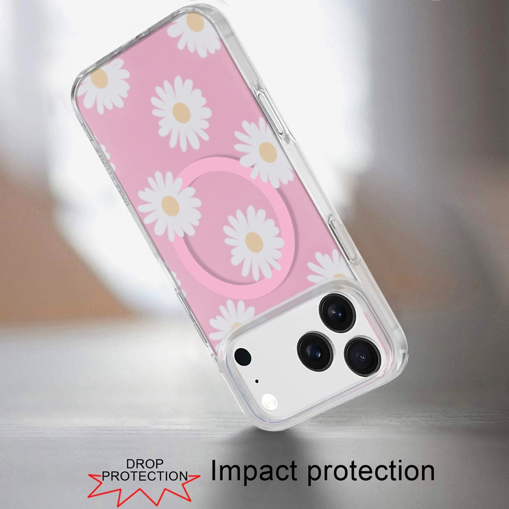 For Apple iPhone 17 Pro Stylish Pattern Fashion IMD Printed Design TPU Double Layer Slim Shockproof with Magnetic Back Case Cover Daisy Aster Flower