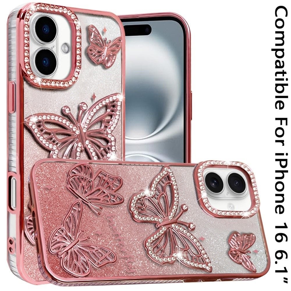 Phone Case for Apple iPhone 16 Butterfly Freedom Shimmer Glitter Thick TPU Shockproof Anti Slip Durable Protective Design Cover