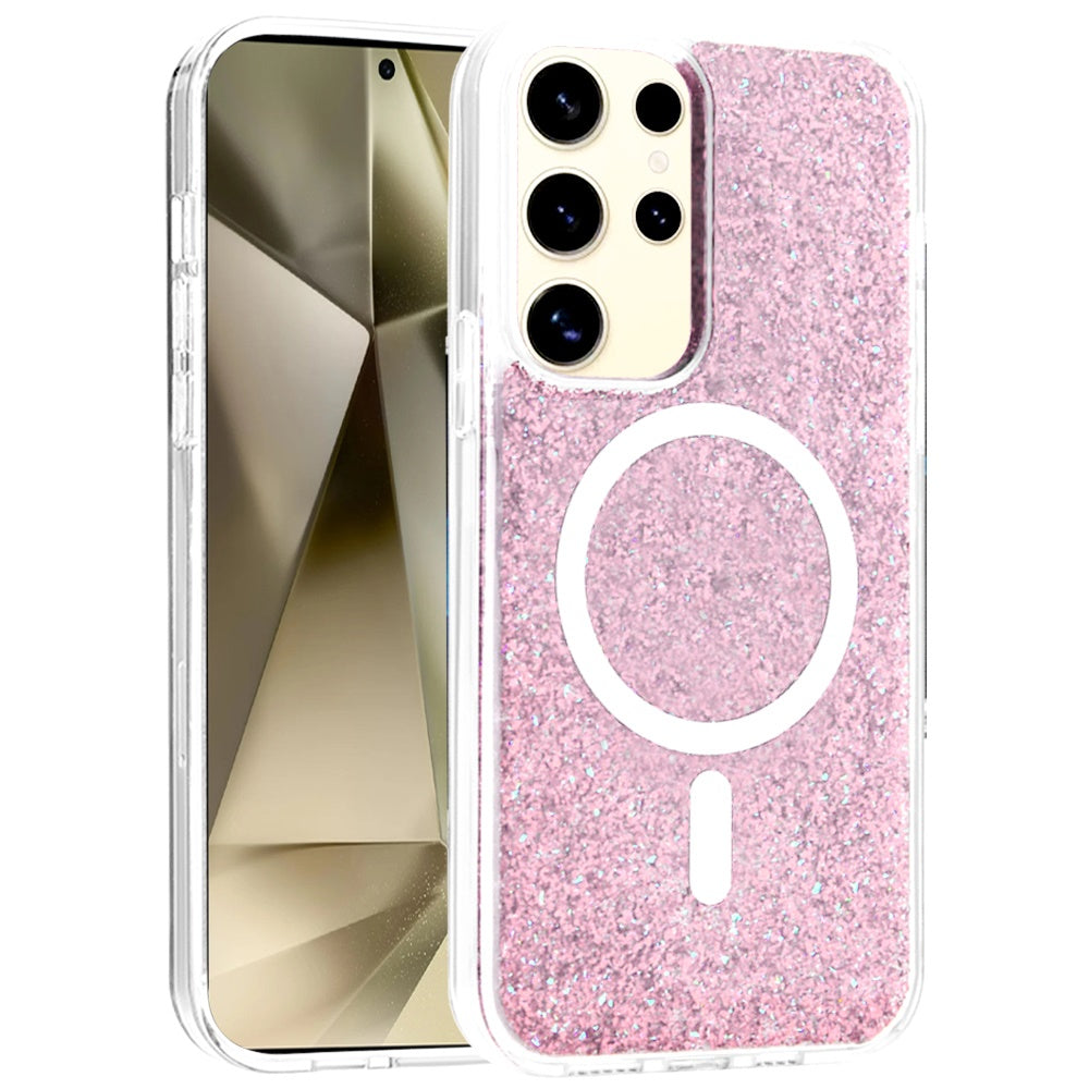 For Samsung Galaxy S25 Ultra Hybrid Epoxy Glitter Shiny Flower Design Stylish Fashion Case, Magnetic MagSafe Compatible, Shockproof Case Cover
