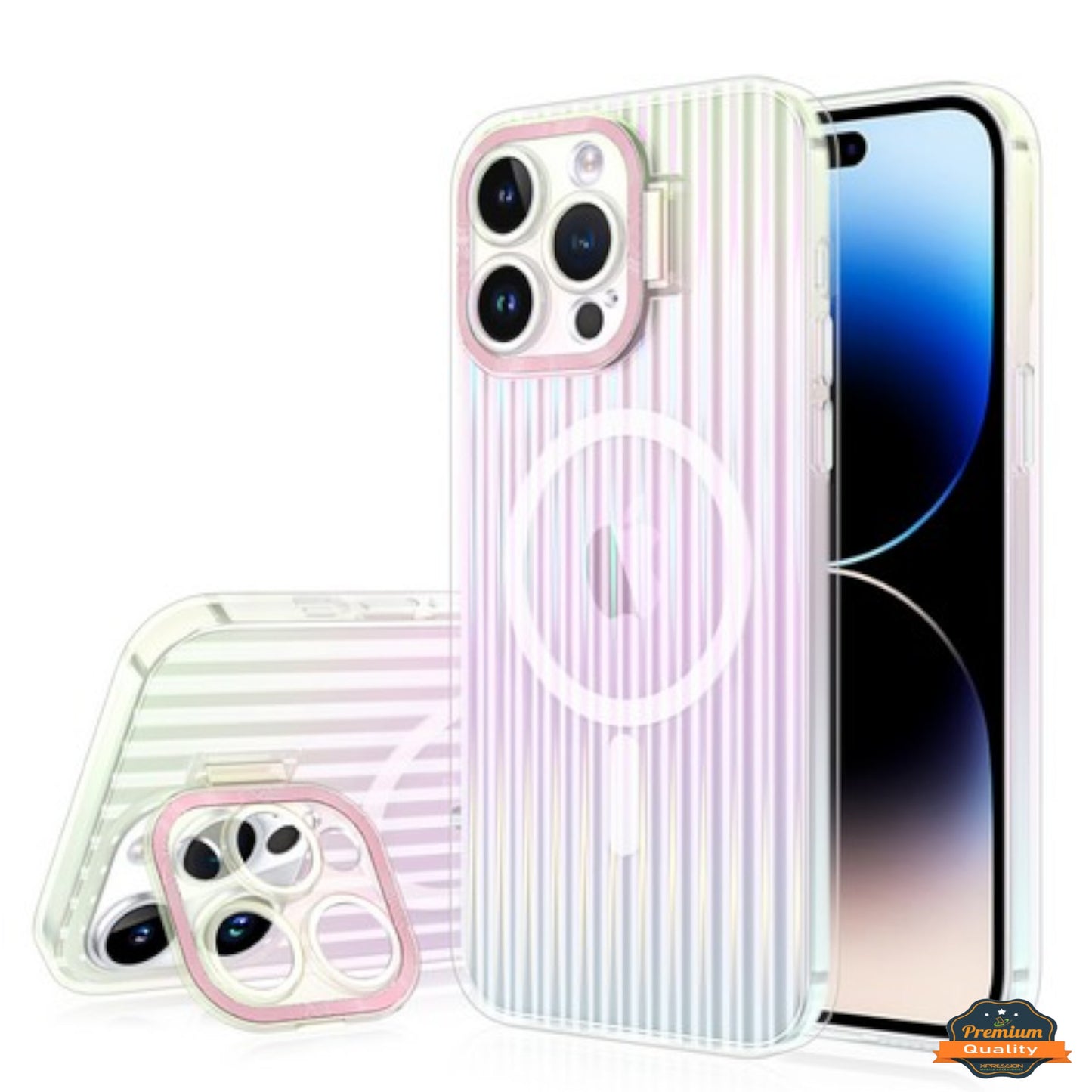 For Apple iPhone 15 (6.1") Built-in Camera Kickstand Clip Shockproof Iridescent Holographic Colorful TPU Slim Protective Phone Case Cover