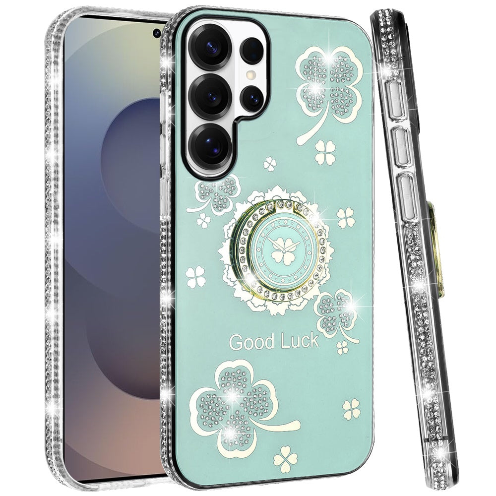 For Samsung Galaxy S26 Ultra Diamonds Bling All Around Edges Sparkly Glitter Hybrid with Ring Stand Holder Fashion Good Luck Case Cover