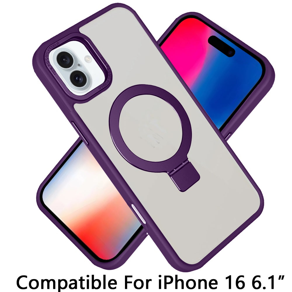 For Apple iPhone 16 (6.1") Magnetic Metal Matte Built-in Compatible with MagSafe Stand Hybrid Shock Armor TPU Case Cover