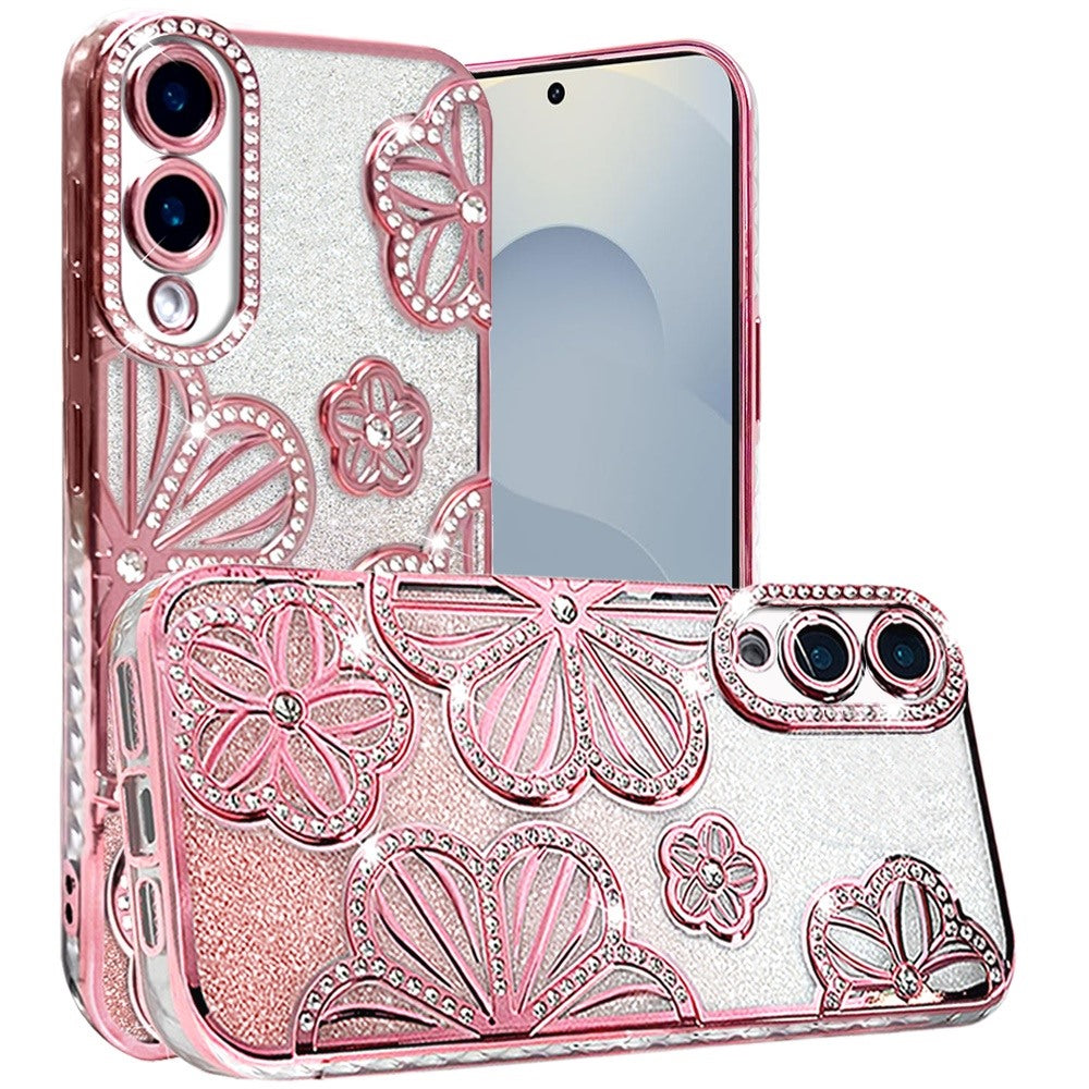 For Samsung Galaxy S25 Edge Luxury Flower Design Sparkle Glitter Diamond Rhinestone Shimmer Bling Plating Thick TPU Hard PC Case Cover