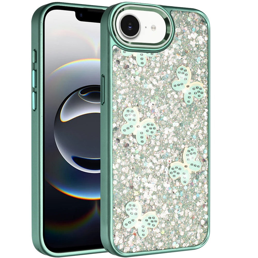 For Apple iPhone 17E /16E Cute Butterfly Crystal Diamond Glitter Case Sparkle Bling Frame Metallic Edges, Shimmer TPU Hybrid Case Cover