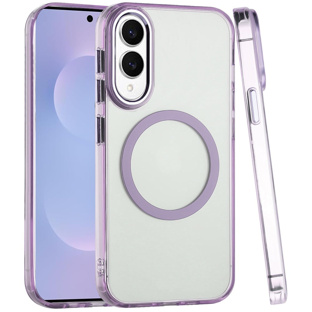 For Samsung Galaxy S25 EDGE Transparent Back Hybrid Case - Magnetic Circle, Color Frame, Metal Buttons, MagSafe Compatible Case Cover