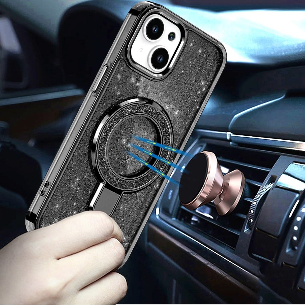 For iPhone 14/13 (6.1") Transparent Glitter Bling Case with Rotating Magnetic Ring Stand, Shockproof Hybrid Case Cover Cosmic Orange