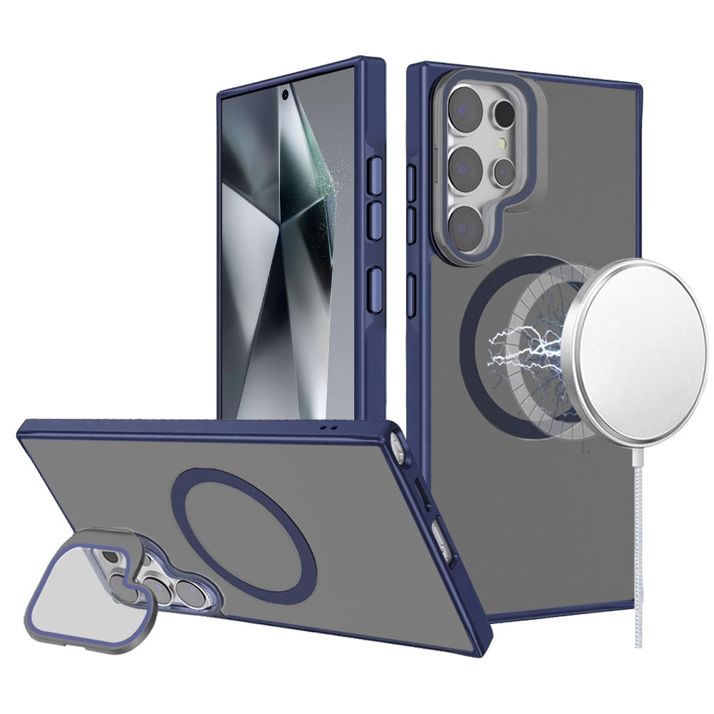 For Samsung Galaxy S24 Ultra Tough HQ Hybrid Case with Aluminum Frame Camera Stand, Compatible with MagSafe, Translucent Matte Shockproof Case Cover