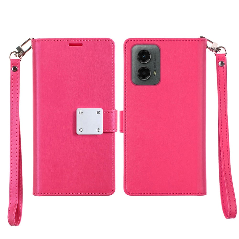 For Motorola Moto G 5G 2024 Premium Leather Wallet with Credit Card ID Slots Cash Holder, Duo Flip Pouch, Stand Function & Strap Case Cover Hotpink