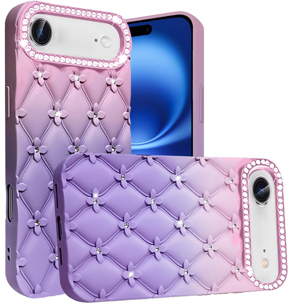 For Apple iPhone 17 Air (6.6") Fashion Flower Design Sparkle Glitter Shimmer Rhinestone Bling Floral Accents, Leather Texture TPU Case Cover