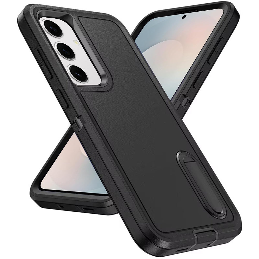 For Samsung Galaxy S23 Hybrid 3 Layers Hard 3in1 Shockproof with Kickstand Heavy Duty Hard TPU Rubber Anti-Drop Case Cover Black +Black
