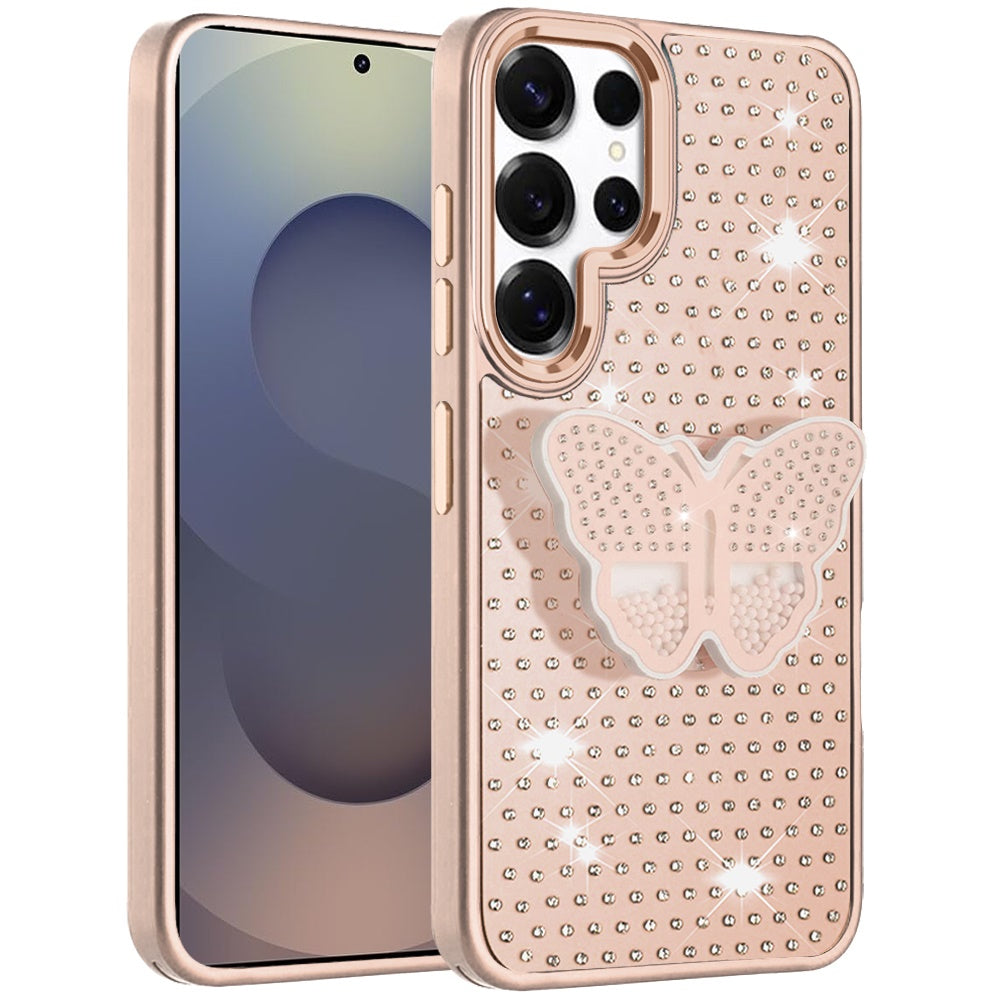 For Samsung Galaxy S25 Ultra Butterfly Moveable Grip 3D Pop Stand Full Diamond Bling Sparkling TPU Fashion Hybrid Case Cover