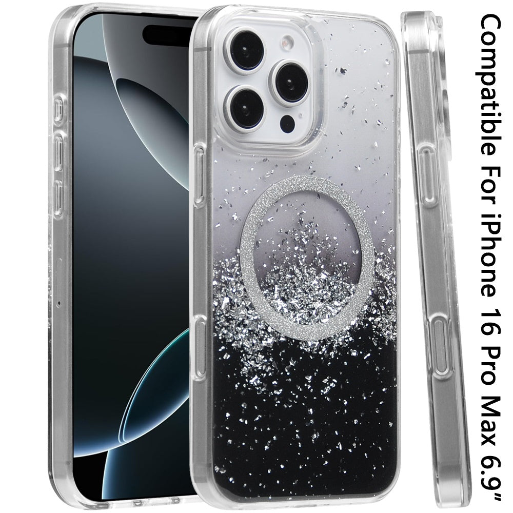 For Apple iPhone 16 Pro Max (6.9") Transparent Epoxy Glitter Magnetic Circle Compatible with MagSafe Hybrid Bling Sparkle Hard PC Slim TPU Case Cover