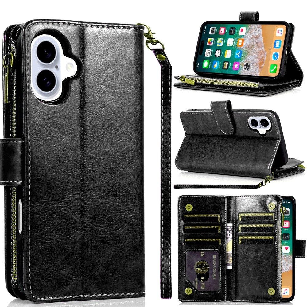 For Apple iPhone SE 3 (2022) SE/8/7 Leather Wallet Case with Zipper, 9 Card Slots, Cash Pocket, Stand & Strap, Clutch Pouch Design Case Cover Black