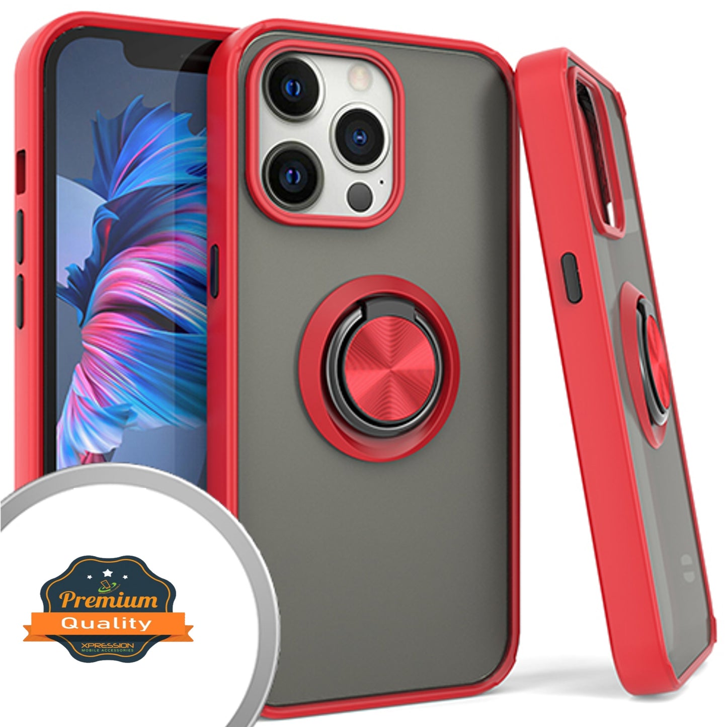 For Apple iPhone 15 Pro Max (6.7") Finger Ring Stand Holder Kickstand Hybrid Frosted Matte TPU Frame Shock-Absorption Phone Case Cover