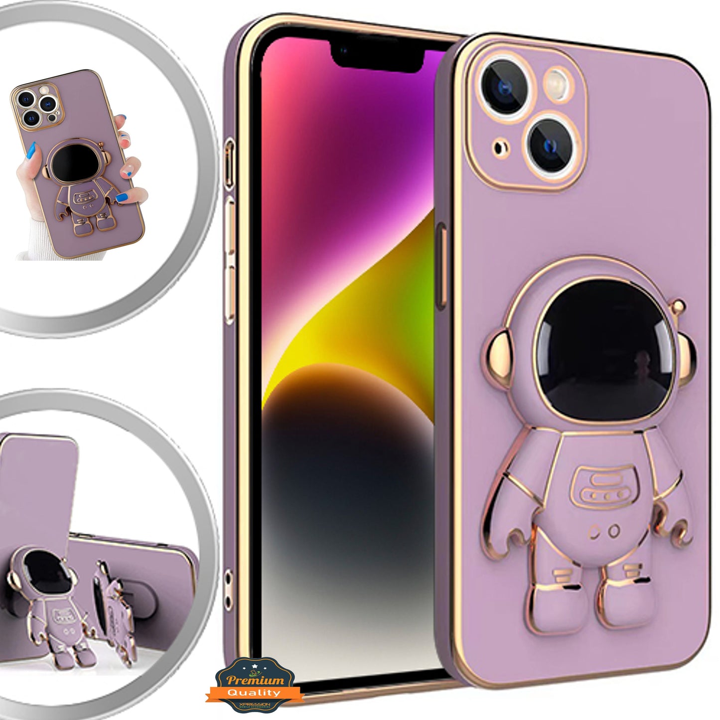 For Apple iPhone 15 Plus (6.7") Astronaut Hidden Stand Holder Plating Hybrid Electroplated Bumper Shockproof Armor Phone Case Cover