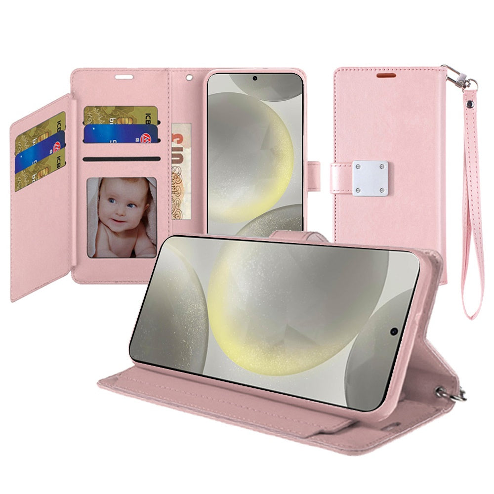 For Samsung Galaxy A57 Wallet Cases PU Leather with Credit Card /ID /Cash Holder Slot Dual Flip Book Pouch, Stand and Strap Case Cover Rose Gold