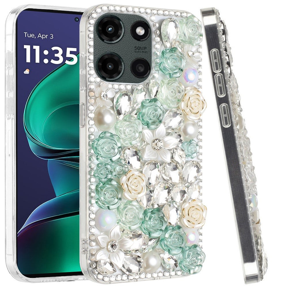 For Motorola Moto G Stylus 5G 2025 Fashion Rose Flower Floral Bling Crystal 3D Full Diamonds Pearl Sparkle Rhinestone Glitter Hybrid Case Cover