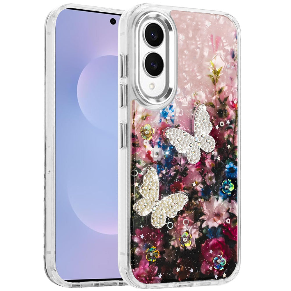 For Samsung Galaxy S25 EDGE Epoxy Glitter Flowers Bling 3D Butterfly Fashion TPU Hybrid with Shockproof Protection Case Cover