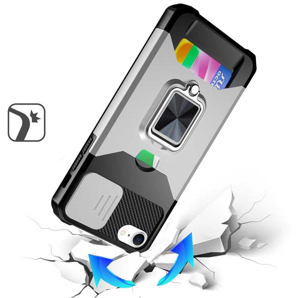 For Apple iPhone 17E /16E Wallet Case with Ring Stand & Slide Camera Cover Back Credit Card Slot Holder, Military Grade Case Cover