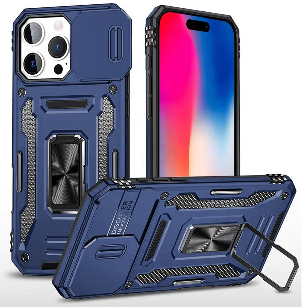 For iPhone 16 Pro Max (6.9") Tough Hybrid Case with Movable Camera Window & Metal Ring Stand Shockproof Case Cover Cosmic Orange