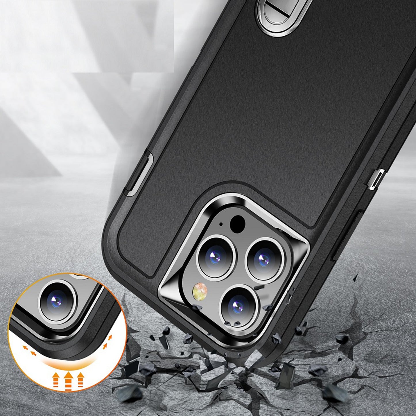 For iPhone XR Hybrid 3 Layers Hard 3in1 Shockproof with Kickstand Heavy Duty Hard TPU Rubber Anti-Drop Case Cover Black +Black