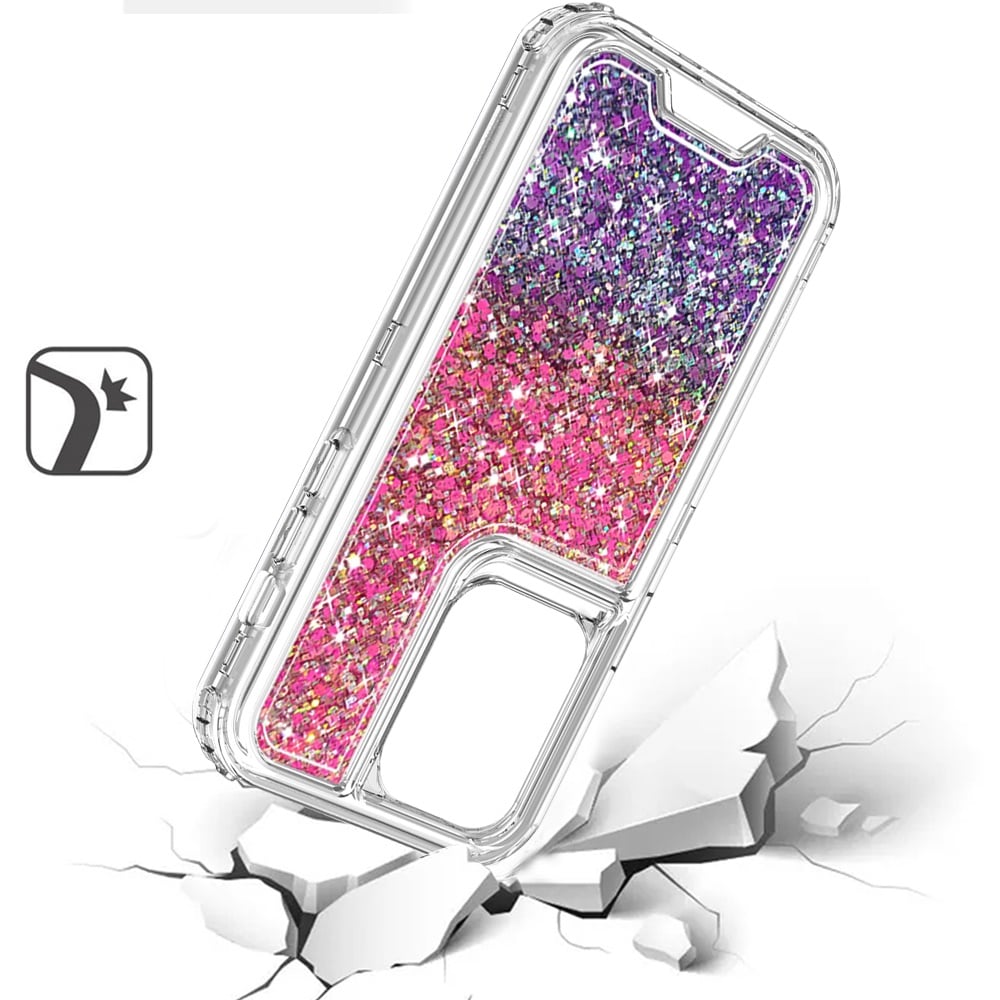For Samsung Galaxy S23 Epoxy Bling Glitter Sparkly 3-in-1 Transparent Hybrid Full-Body Shockproof PC Bumper Case Cover Hot Pink+Purple