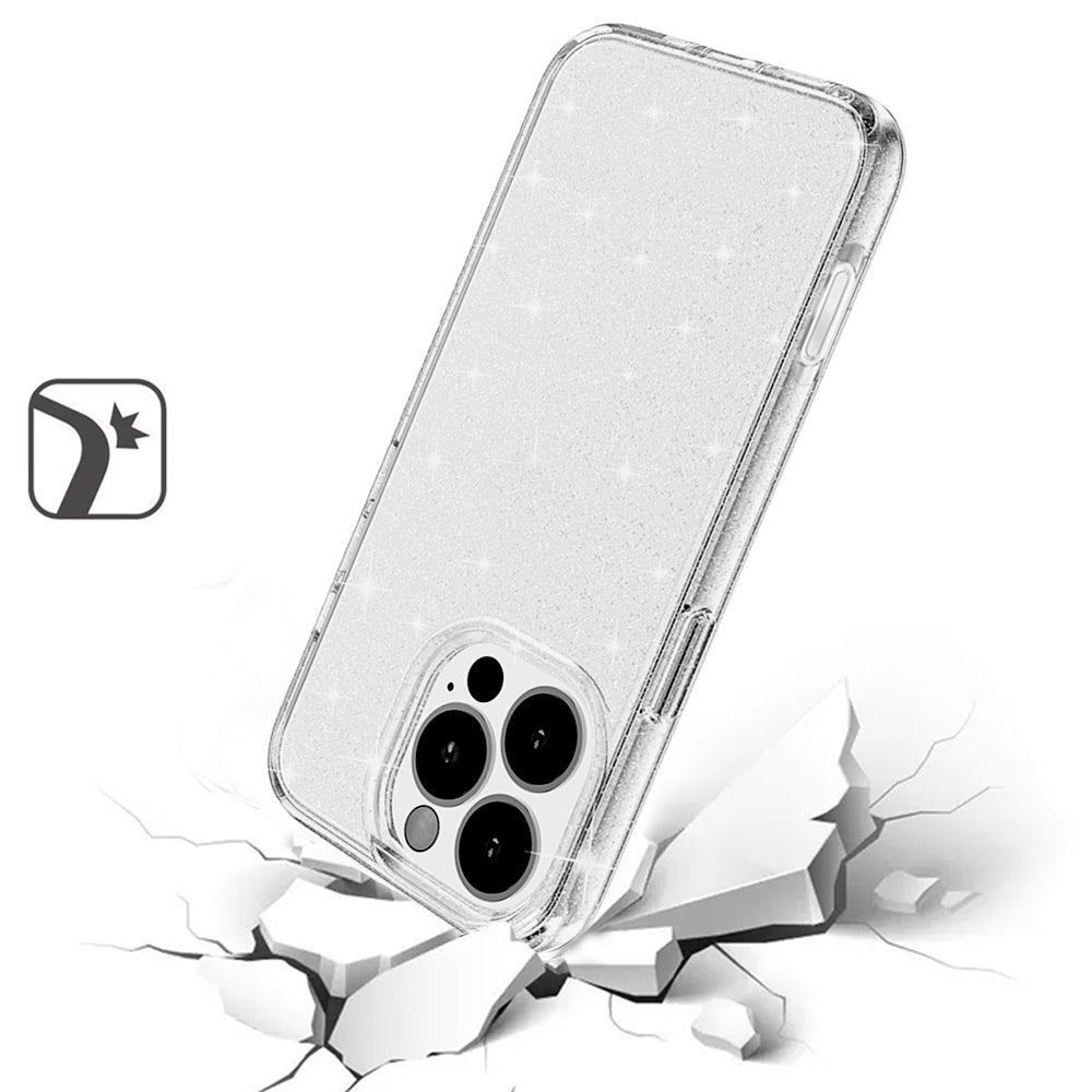 For Apple iPhone 16 Pro Transparent Glitter Shiny Sparkle Bling TPU Rubber Hard Back Hybrid Frame Shockproof Case Cover Clear