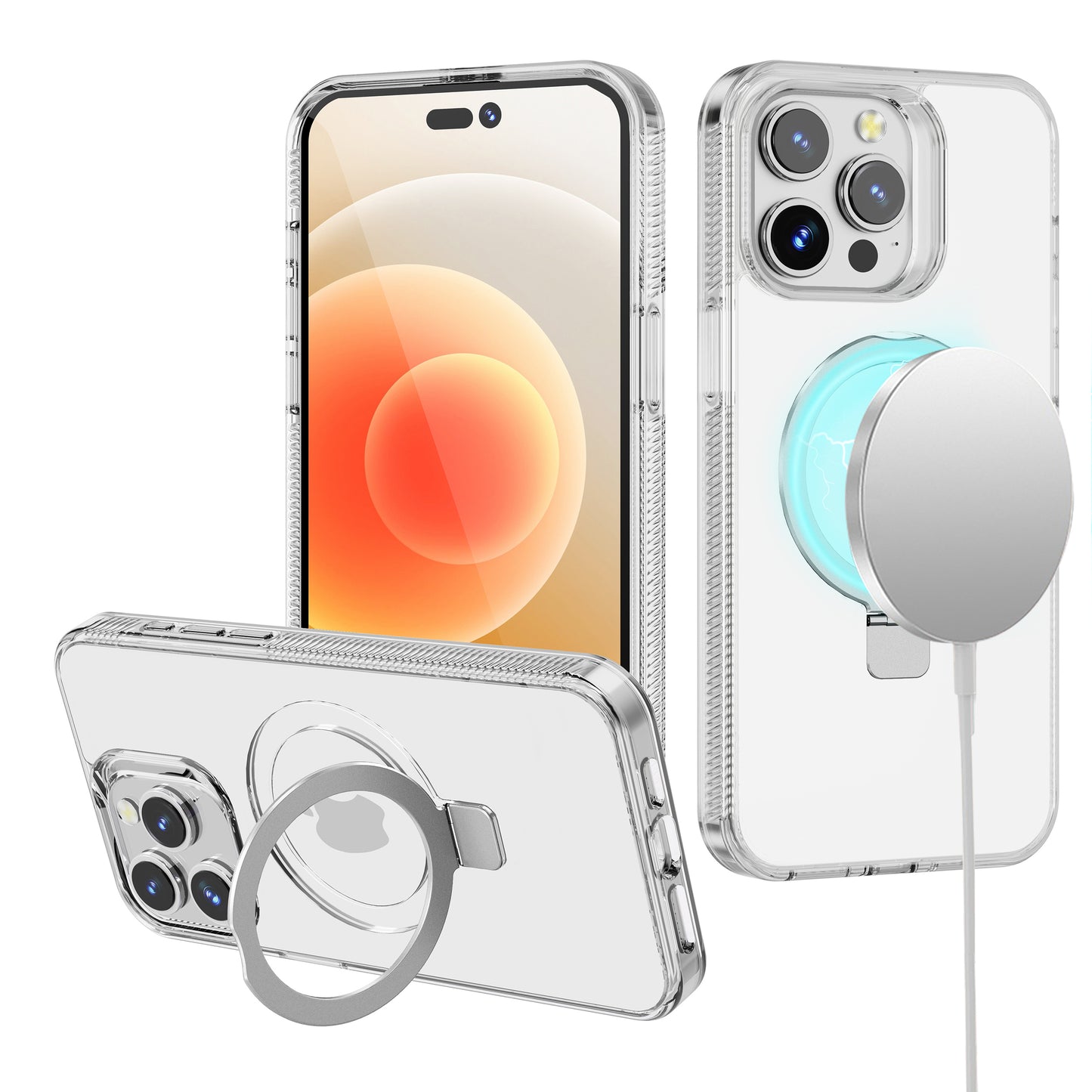 For Apple iPhone 17E /16E Transparent Magnetic Ring Circle Stand with MagSafe Compatible Hybrid Dotted Edged Hard PC Shockproof Case Cover Clear