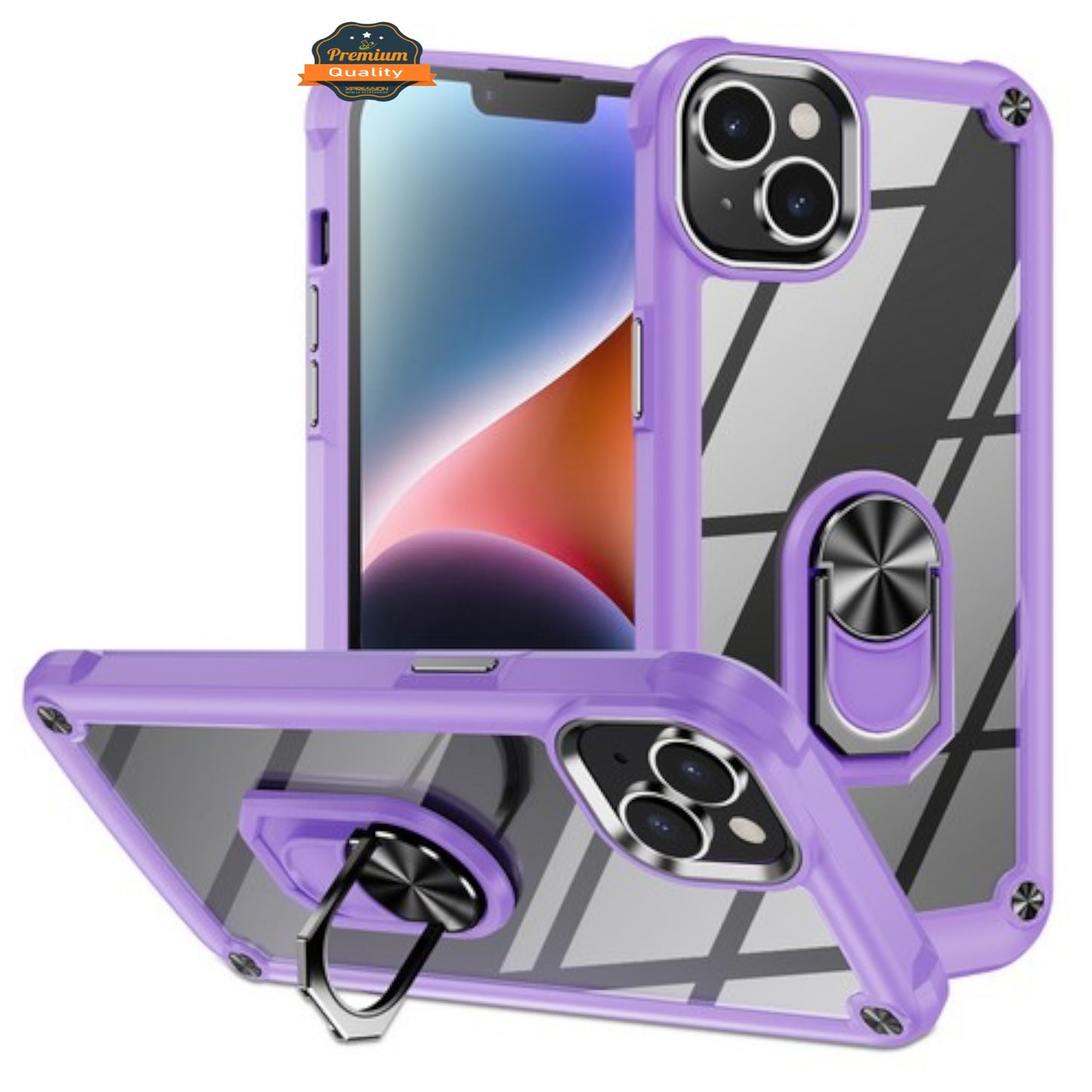 For Apple iPhone 15 Plus (6.7") Clear Transparent Hybrid with 360° Magnetic Ring Stand PC Heavy Duty Shockproof Back Phone Case Cover