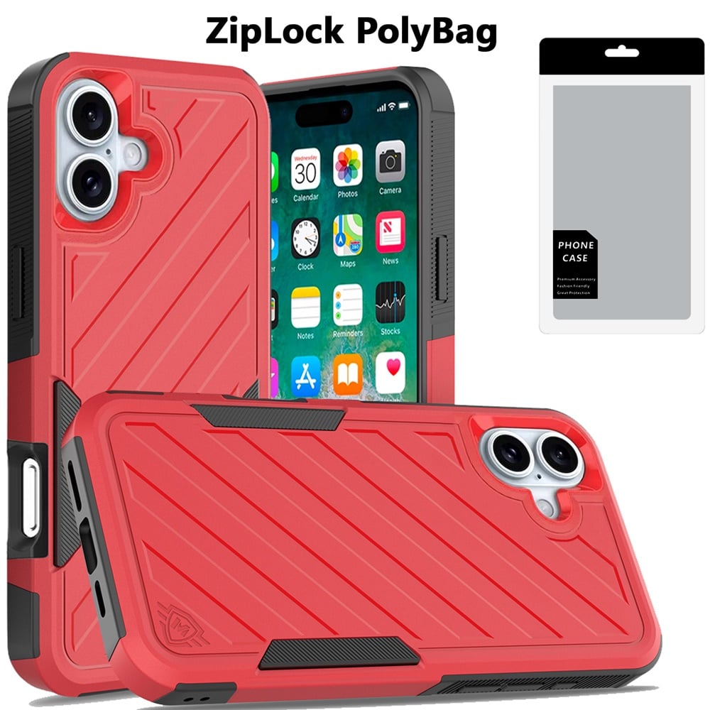 For Apple iPhone 16 Plus Hybrid lined shockproof dual layer Rugged 2in1 Hard PC & Silicone TPU Non Slip Textured Tough Armor Case Cover Black+Grey