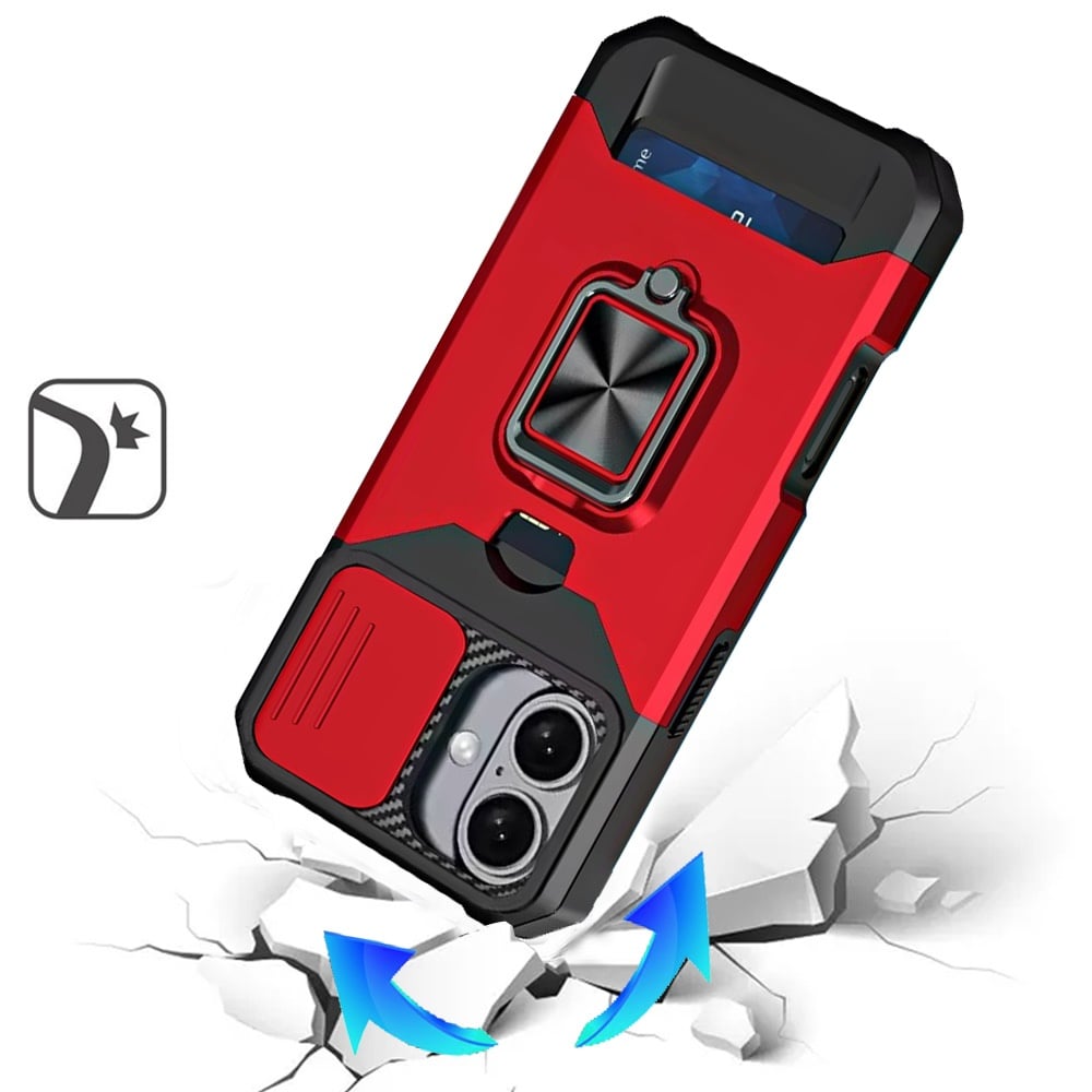 For Apple iPhone 17 (6.3") Wallet Case with Ring Stand & Slide Camera Cover Back Credit Card Slot Holder, Military Grade Case Cover