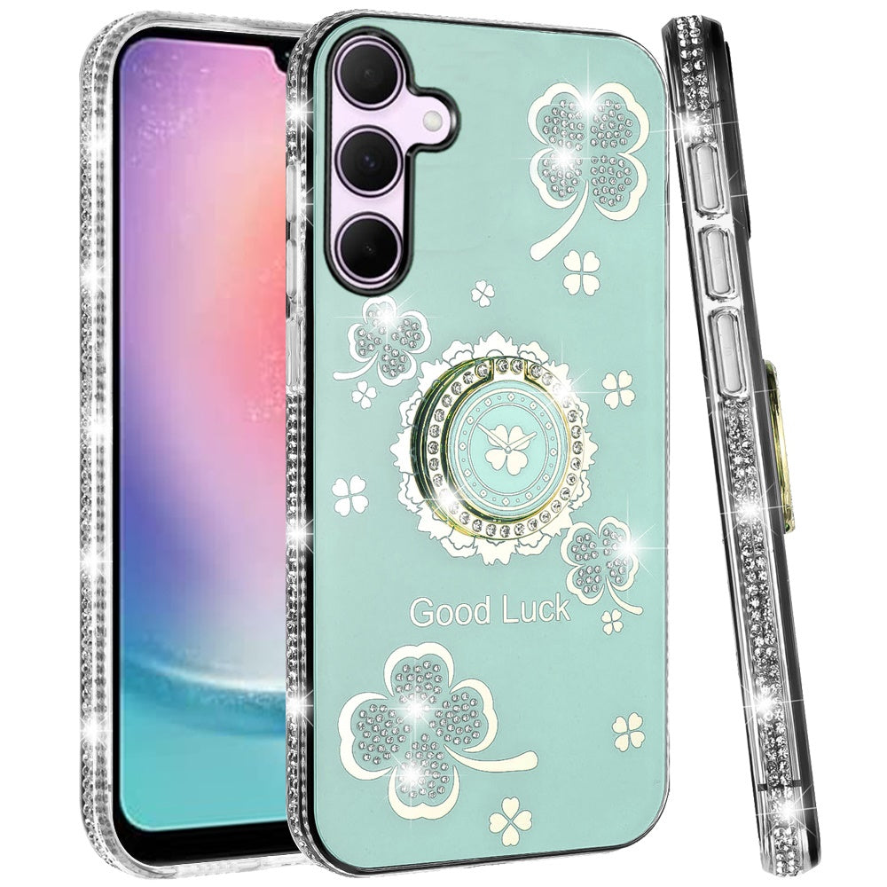 For Samsung Galaxy A26 Diamonds Bling All Around Edges Sparkly Glitter Hybrid with Ring Stand Holder Fashion Good Luck Case Cover