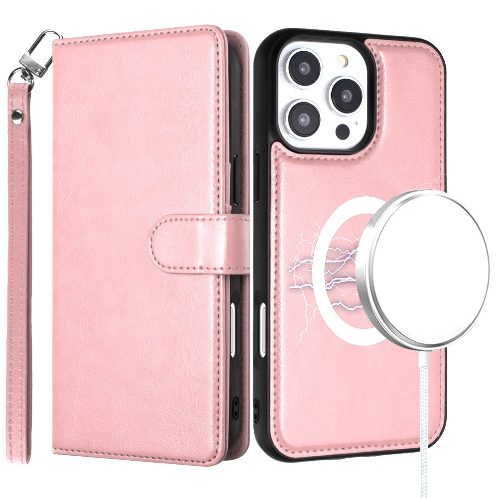 For Apple iPhone 16 Pro Max (6.9") Deattachable PU Leather Hybrid Wallet Money Credit Card Holder Support Magsafe Charger Case Cover Rose Gold