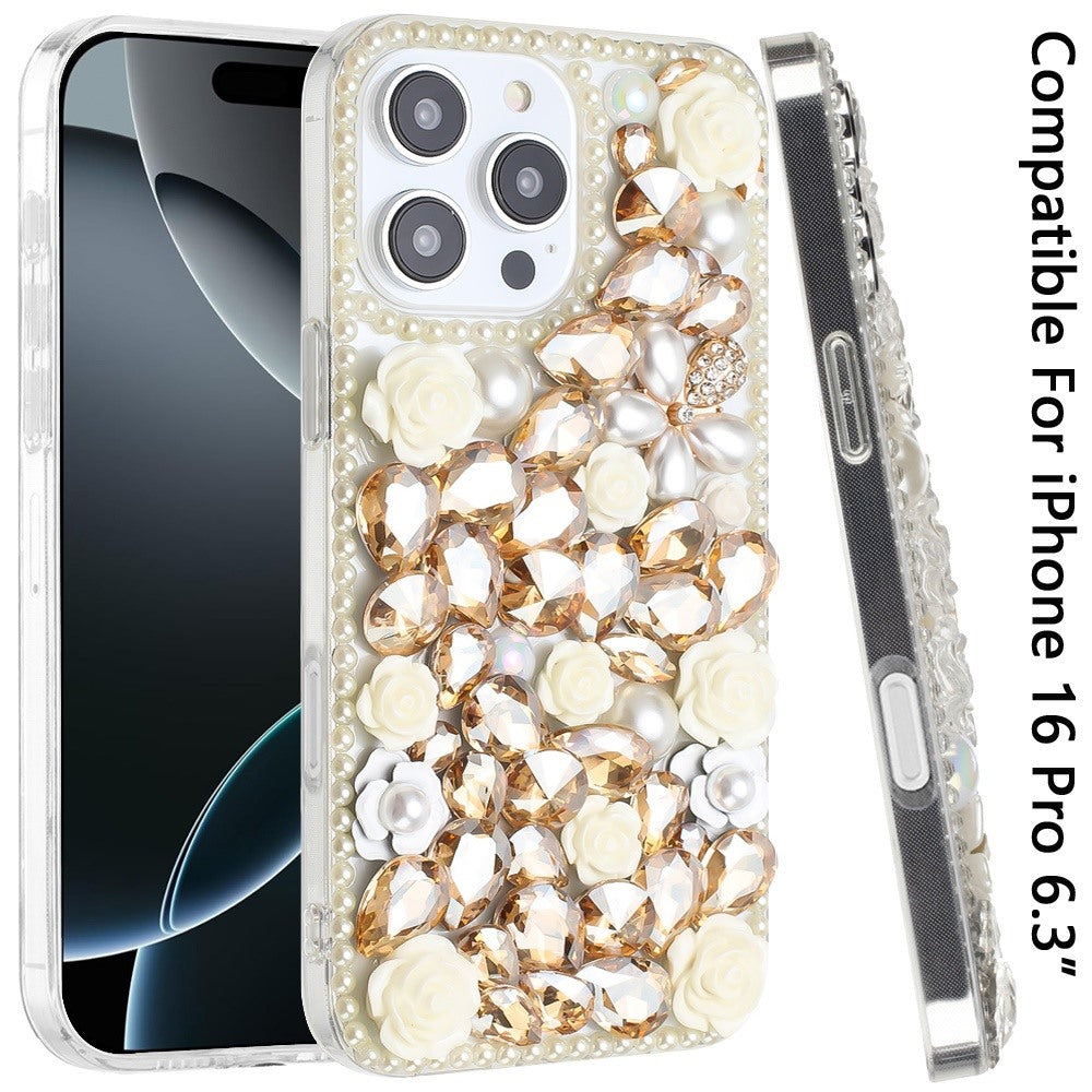 For Apple iPhone 16 (6.1") Fashion Rose Flower Floral Bling Crystal 3D Full Diamonds Pearl Sparkle Rhinestone Glitter Hybrid Case Cover