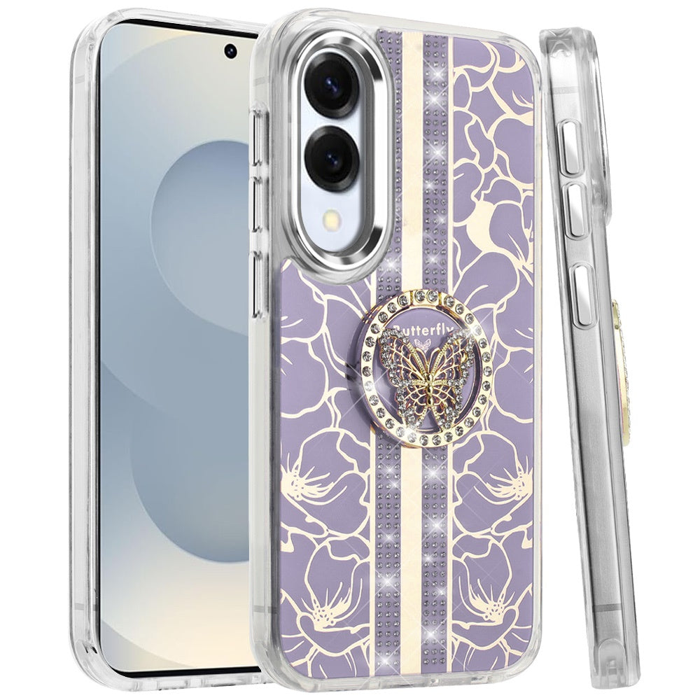 For Samsung Galaxy S25 EDGE Diamonds 3D Butterfly Floral Design Bling Sparkly Glitter Hybrid Metal Fashion with Ring Stand Case Cover