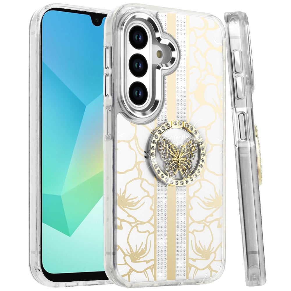 For Samsung Galaxy A16 5G Diamonds 3D Butterfly Floral Design Bling Sparkly Glitter Hybrid Metal Fashion with Ring Stand Case Cover