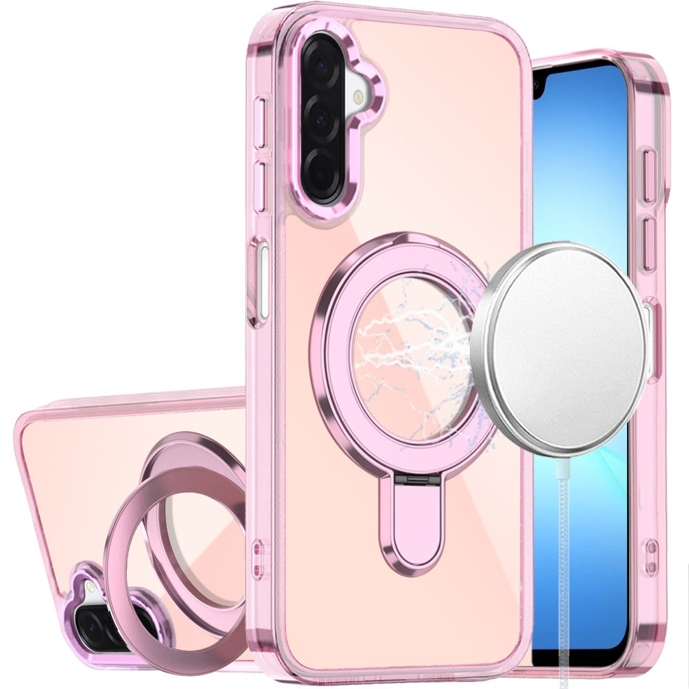 For Samsung Galaxy A17 5G Chrome Hybrid with Rotating Magnetic Circle Ring Stand, Slim Shockproof Hybrid Case Cover