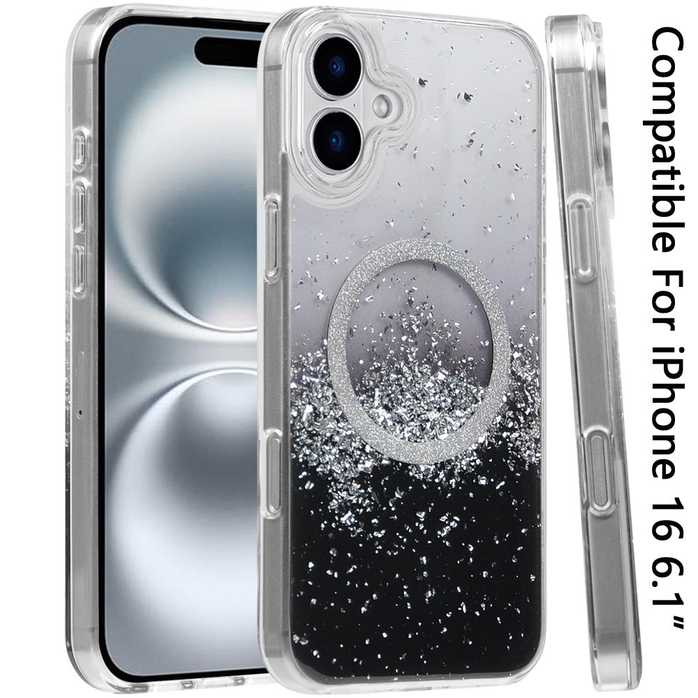For Apple iPhone 16 (6.1") Transparent Epoxy Glitter Magnetic Circle Compatible with MagSafe Hybrid Bling Sparkle Hard PC Slim TPU Case Cover